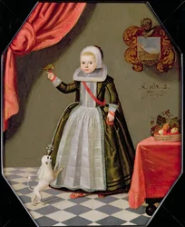 Ritratto di una giovane ragazza con un uccello sul dito e un cane ai suoi piedi, 1632